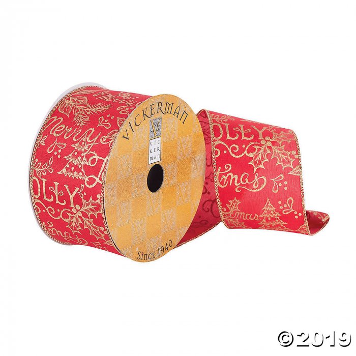 Vickerman 2.5" x 10Yd Red Ribbon with Gold Holiday Typography (1 Piece(s))