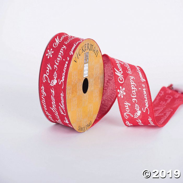 Vickerman 2.5" x 10yd Red Woven with White Printed Holiday Greetings and Wired Edge (1 Piece(s))
