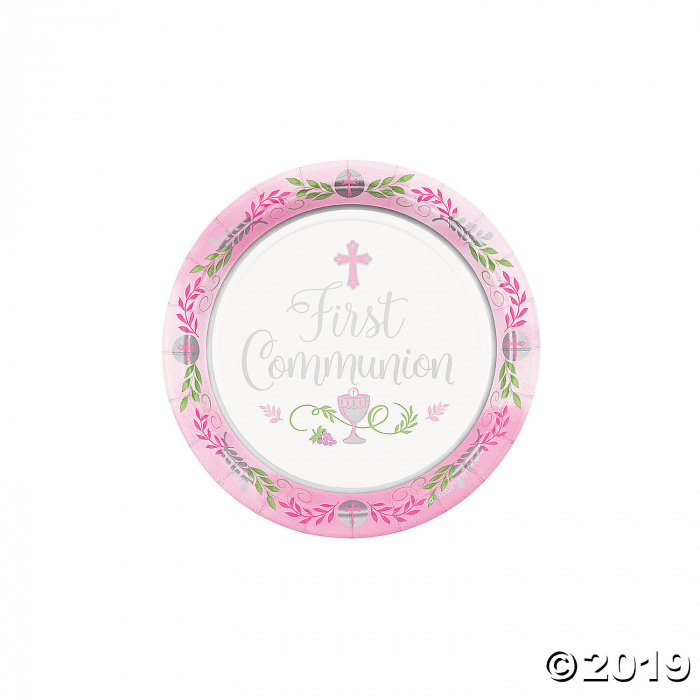 Pink 1st Communion Paper Dessert Plates (18 Piece(s))
