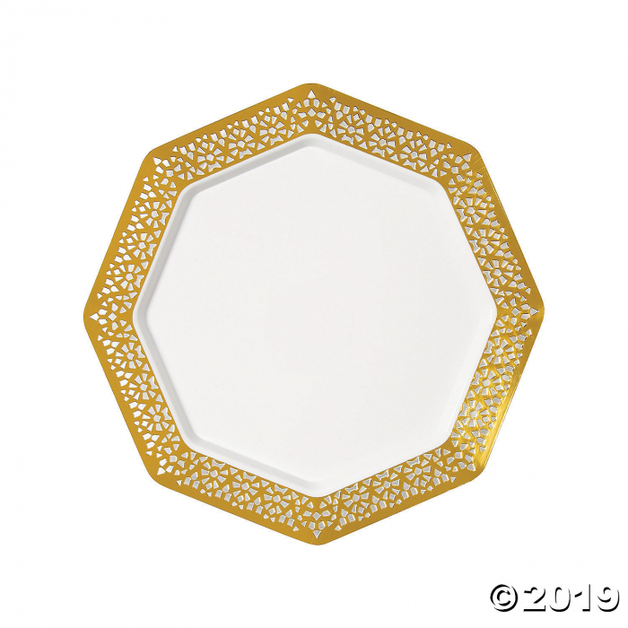 Premium Octagon Plastic Dinner Plates with Ornate Gold Trim (25 Piece(s))