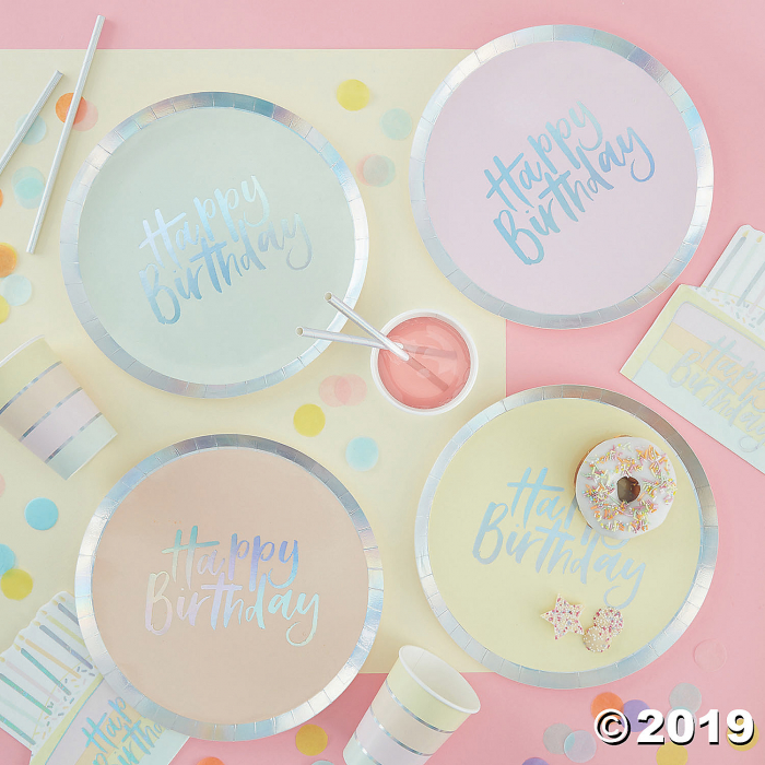 Ginger Ray Pastel Iridescent Happy Birthday Paper Dinner Plates (8 Piece(s))
