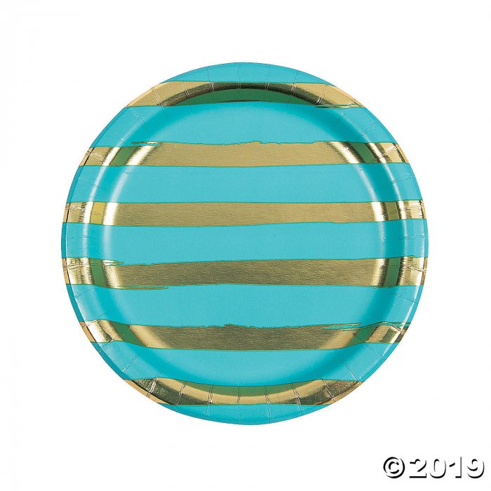 Bermuda Blue & Gold Foil Striped Paper Dinner Plates (8 Piece(s))