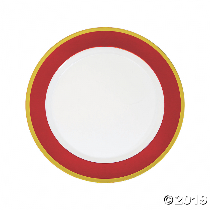 Red & White Premium Plastic Dinner Plates with Gold Border (10 Piece(s))