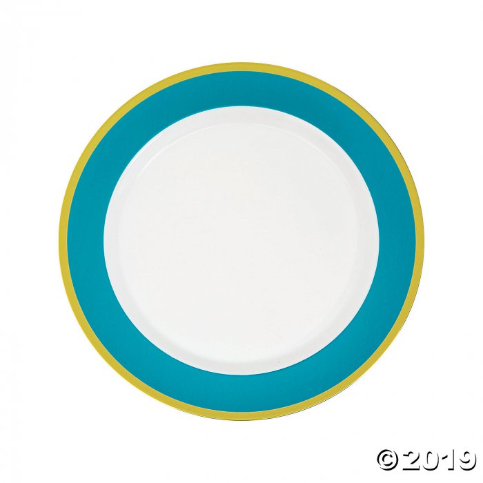 Light Blue & White Premium Plastic Dinner Plates with Gold Border (10 Piece(s))