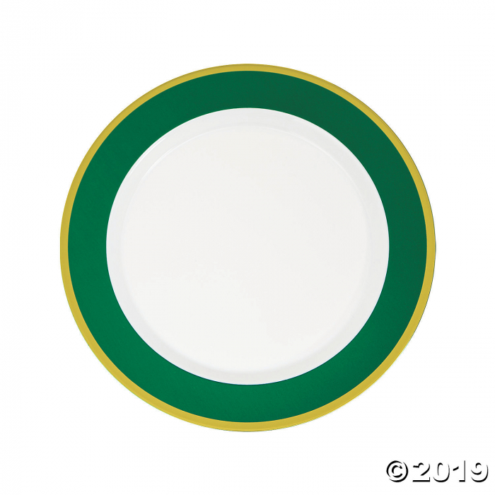 Green & White Premium Plastic Dinner Plates with Gold Border (10 Piece