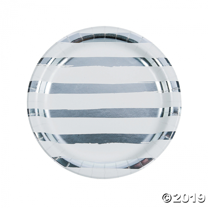 White & Silver Foil Striped Paper Dinner Plates (8 Piece(s))
