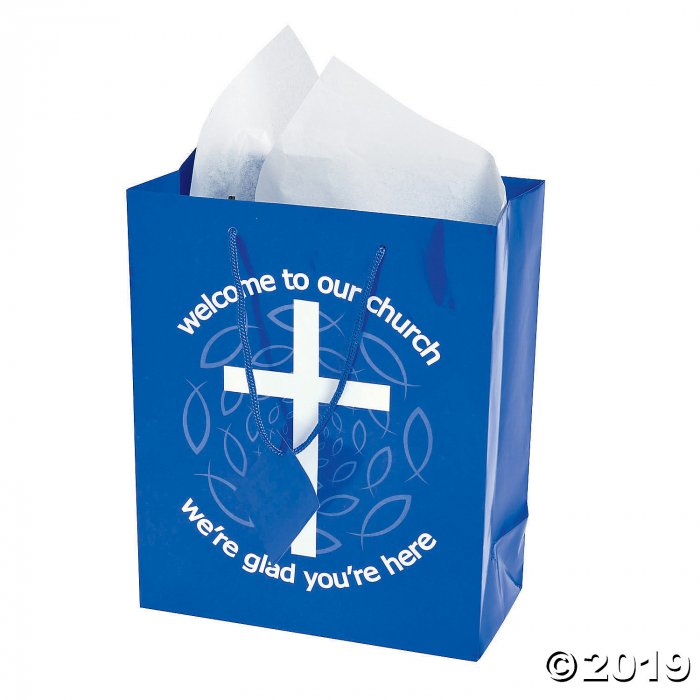 Medium Blue Welcome to Our Church Gift Bags with Tags (Per Dozen)