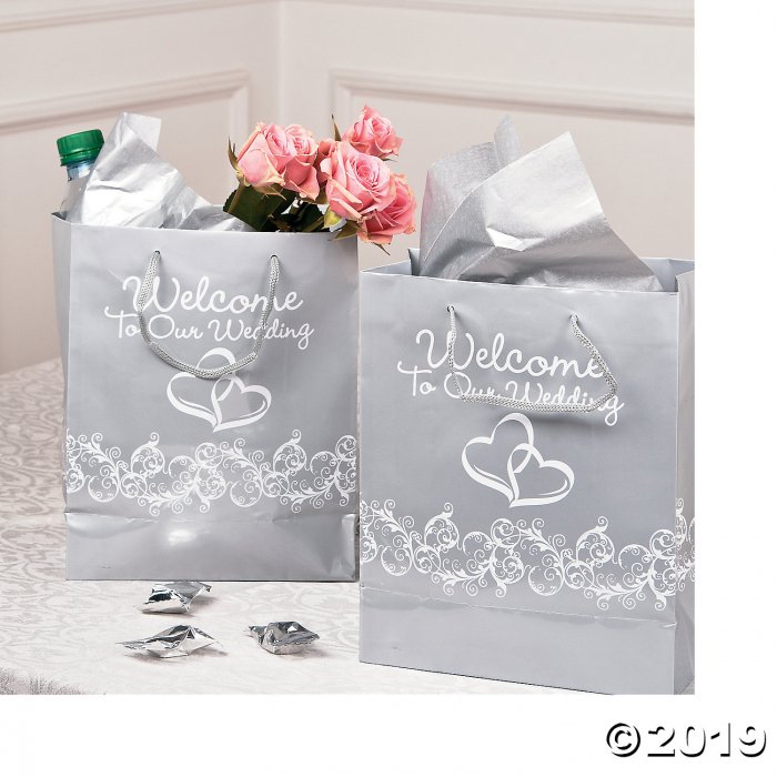 Medium Silver Two Hearts Welcome To Our Wedding Gift Bags (Per Dozen)