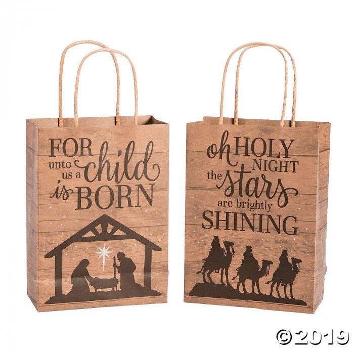 Medium Nativity Barnwood Print Kraft Paper Gift Bags (Per Dozen)