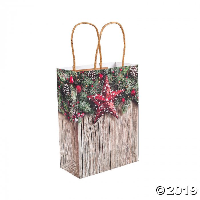 Medium Christmas Barnwood Kraft Paper Gift Bags (Per Dozen)