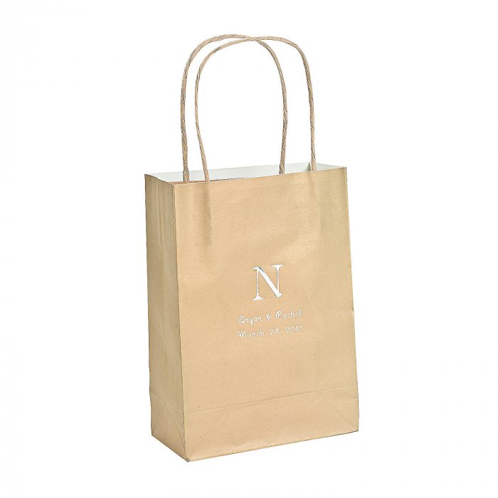 Gold Medium Personalized Monogram Welcome Paper Gift Bags with Silver Foil  - 12 Pc.