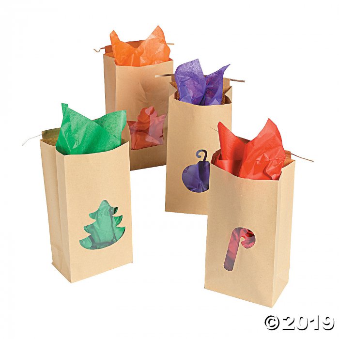 Christmas Kraft Paper Bags with Cellophane Cutouts (Per Dozen)