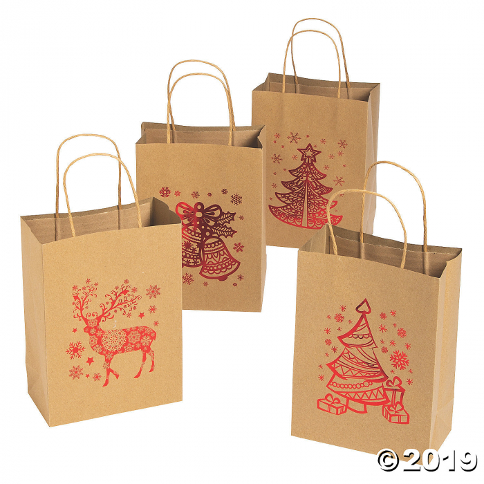 Medium Metallic Holiday Kraft Paper Gift Bags (Per Dozen)