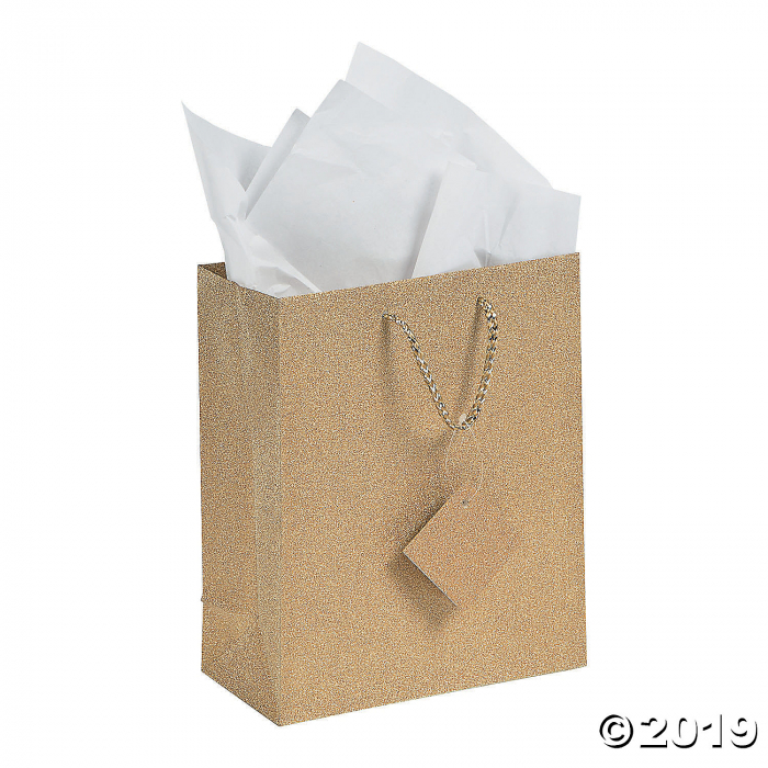 Medium Gold Glitter Gift Bags with Tags (Per Dozen)
