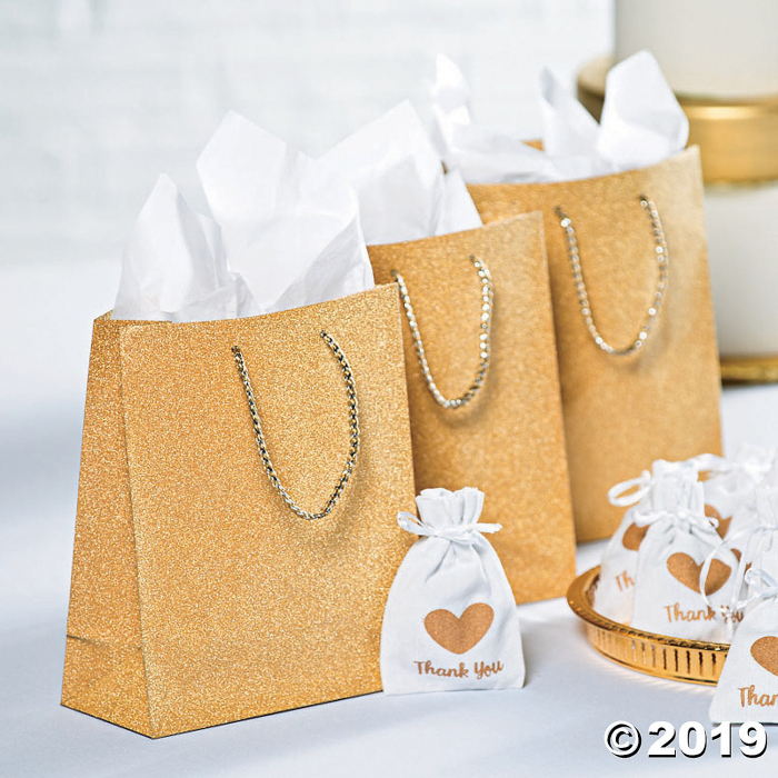 Medium Gold Glitter Gift Bags with Tags (Per Dozen)