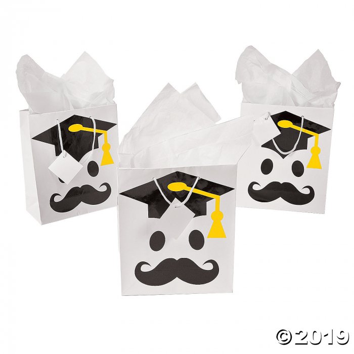 Medium Mustache Graduation Gift Bags with Tags (Per Dozen)