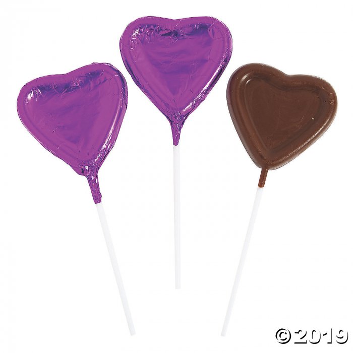 Purple Foil-Wrapped Chocolate Heart Lollipops (Per Dozen)