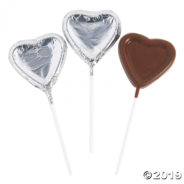 Silver Foil-Wrapped Chocolate Heart Lollipops (Per Dozen)