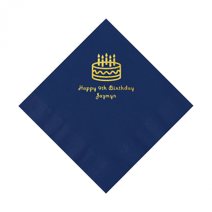 Navy Blue Birthday Cake Personalized Napkins with Gold Foil - Luncheon (50 Piece(s))