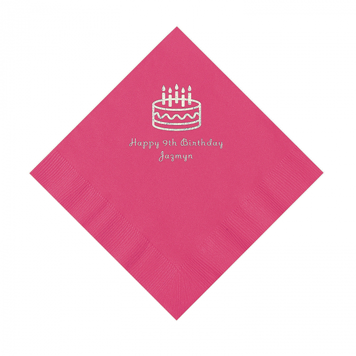 Hot Pink Birthday Cake Personalized Napkins with Silver Foil - Luncheon (50 Piece(s))