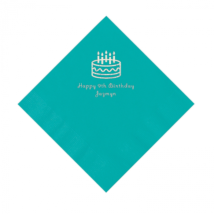 Teal Birthday Cake Personalized Napkins with Silver Foil - Luncheon (50 Piece(s))