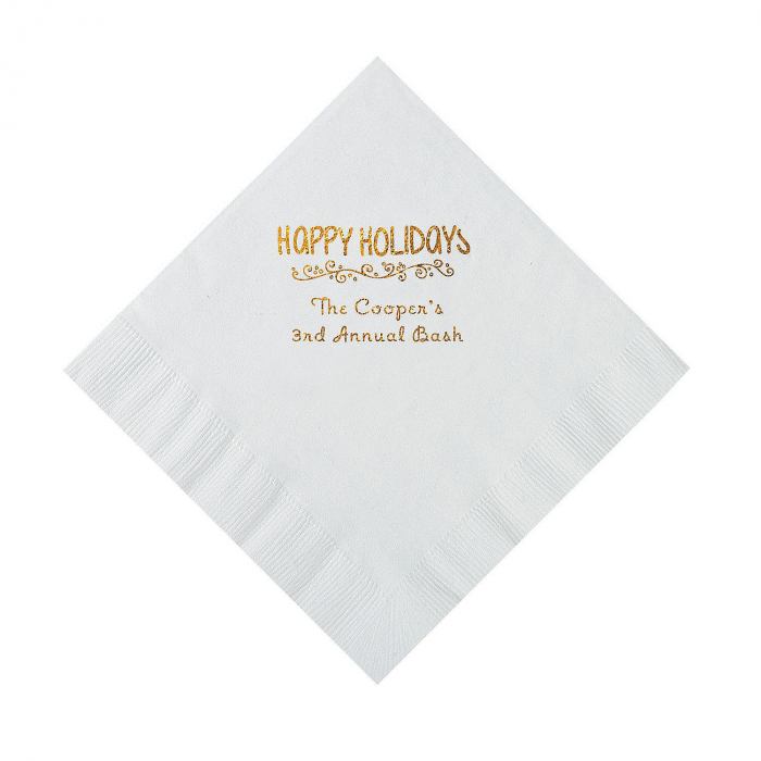 White Happy Holidays Personalized Napkins with Gold Foil  Luncheon (50 Piece(s))