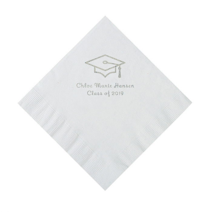 White Grad Mortarboard Personalized Napkins with Silver Foil  Luncheon (50 Piece(s))