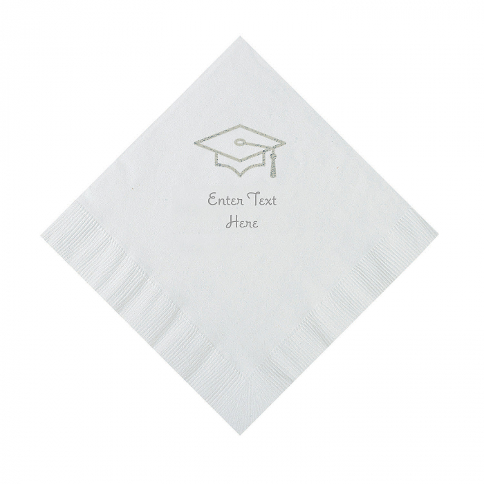 White Grad Mortarboard Personalized Napkins with Silver Foil  Luncheon (50 Piece(s))