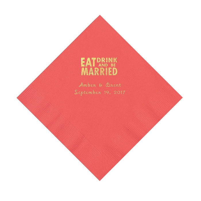 Coral Eat Drink & Be Married Personalized Napkins with Gold Foil - Luncheon (50 Piece(s))