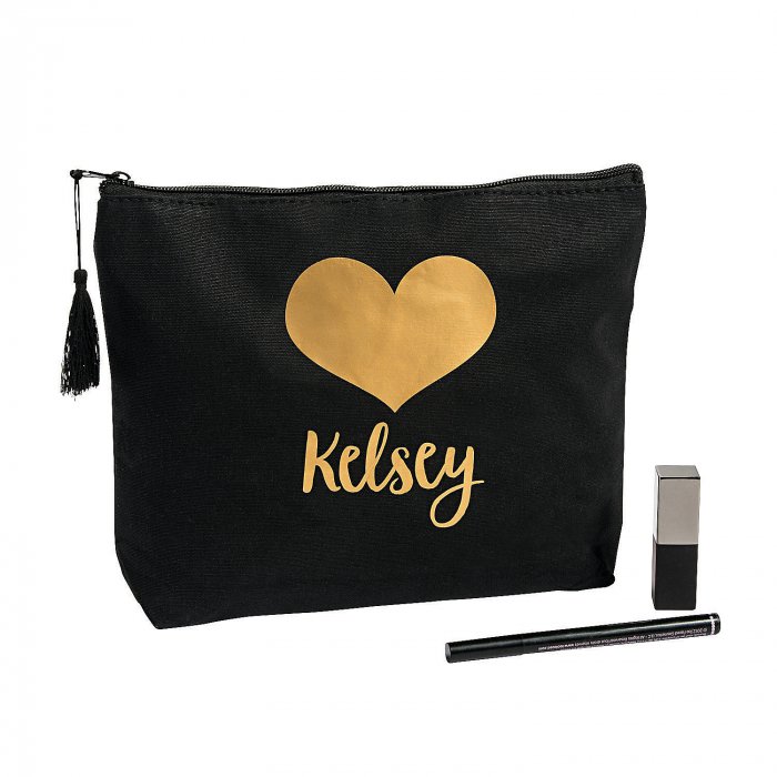 Personalized Black with Gold Heart Makeup Bag (1 Piece(s))