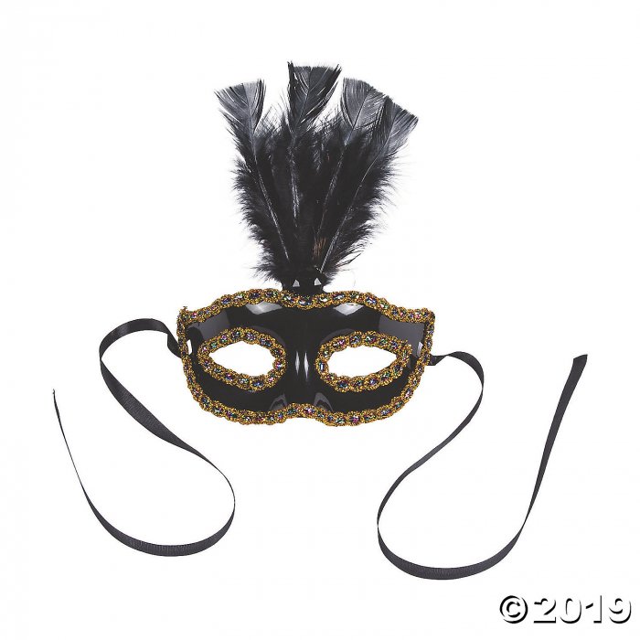 New Year's Eve Gold & Black Masquerade Masks with Feathers (Per Dozen)