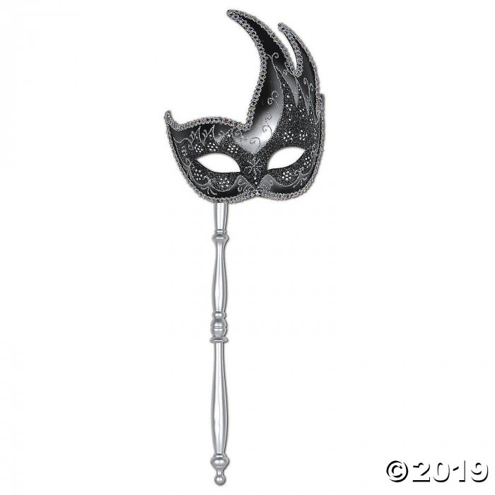 Black & Silver Masquerade Mask with Stick (1 Piece(s))
