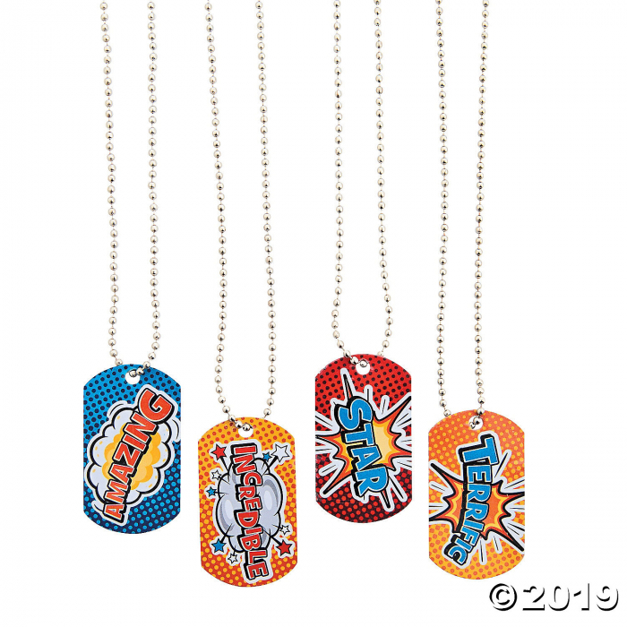 Superhero Dog Tag Necklaces (Per Dozen) Superhero Dog Tag Necklaces (Per Dozen)