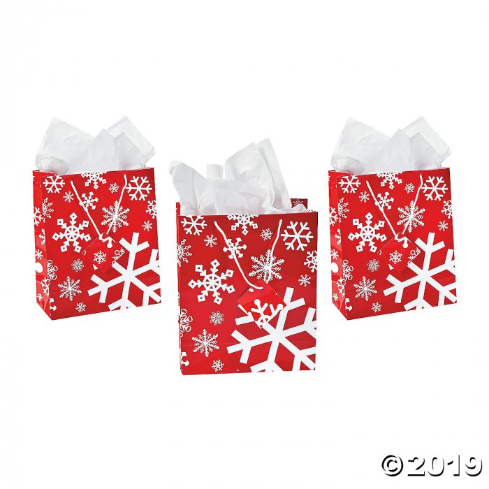Medium Red & White Snowflake Gift Bags with Tags (Per Dozen)