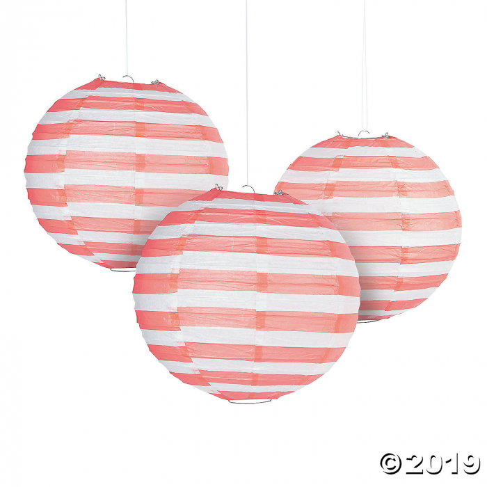 Coral Striped Hanging Paper Lanterns (6 Piece(s))