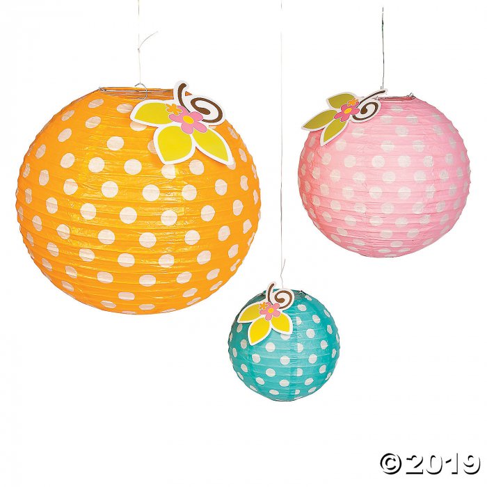 Polka Dot Hanging Paper Lanterns with Flowers (3 Piece(s))