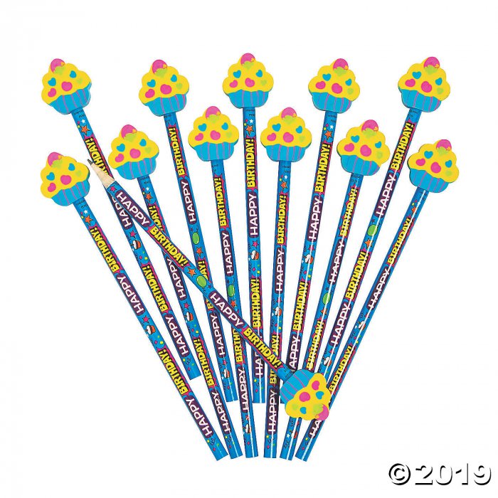 Happy Birthday Pencils with Cupcake Eraser Toppers (Per Dozen)
