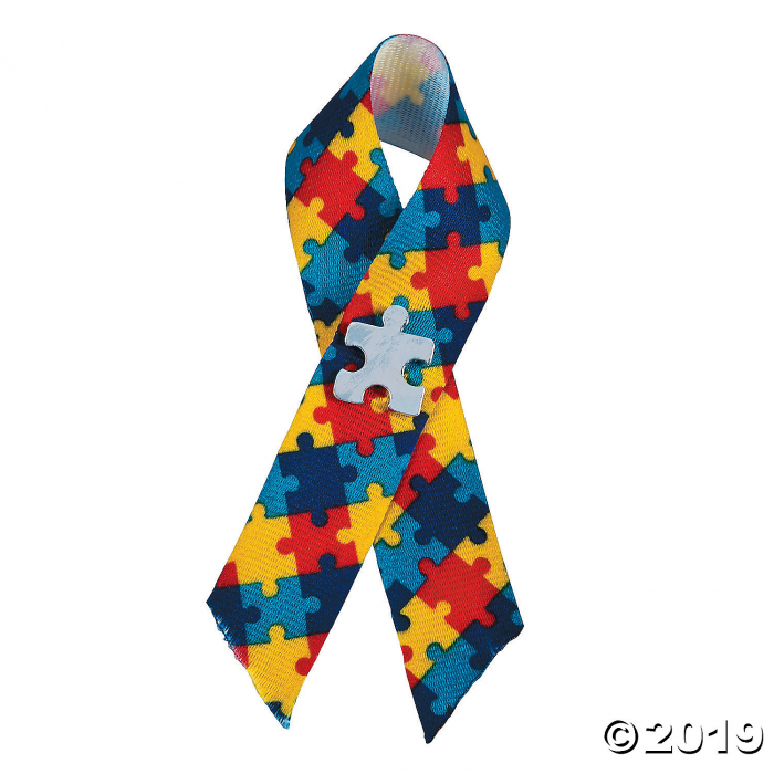 Autism Awareness Puzzle Ribbons with Pin (Per Dozen)