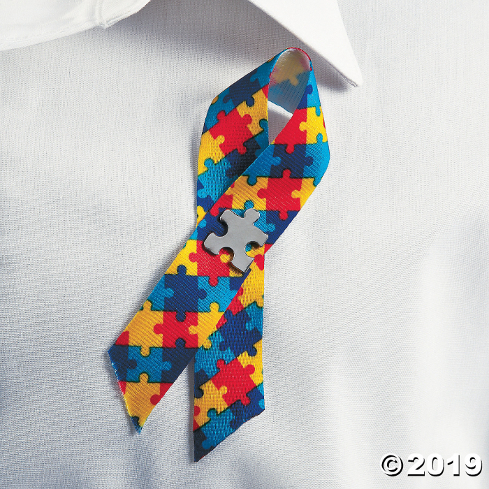 Autism Awareness Puzzle Ribbons with Pin (Per Dozen)