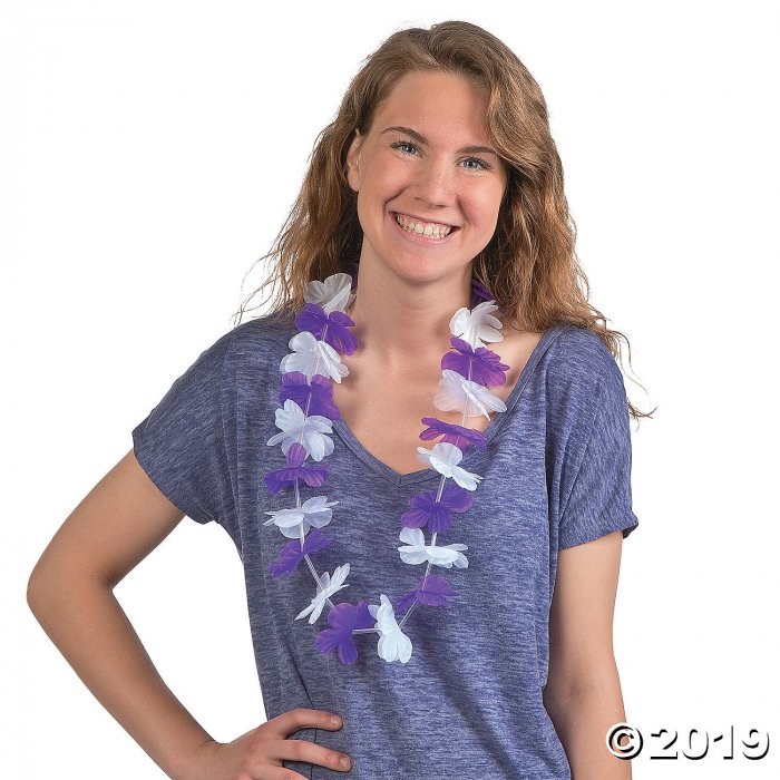 Purple & White Hawaiian Flower Polyester Leis - 12 Pc. (Per Dozen)
