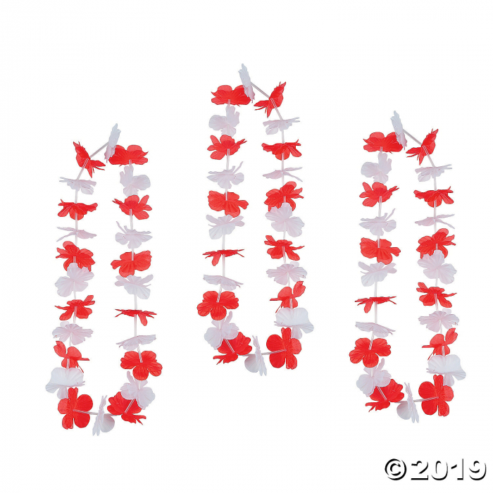 Red & White Hawaiian Flower Polyester Leis - 12 Pc. (Per Dozen)