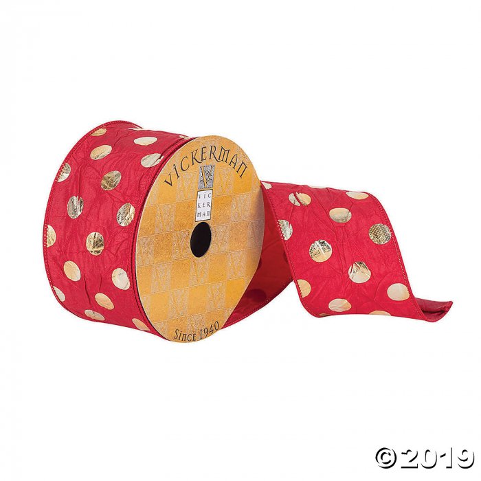 Vickerman 2.5" x 10Yd Crushed Red Ribbon with Gold Metallic Polka Dots (1 Piece(s))