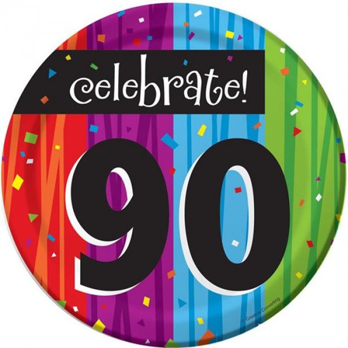 Rainbow Celebration 90th Birthday 7" Plates (Per 8 pack)