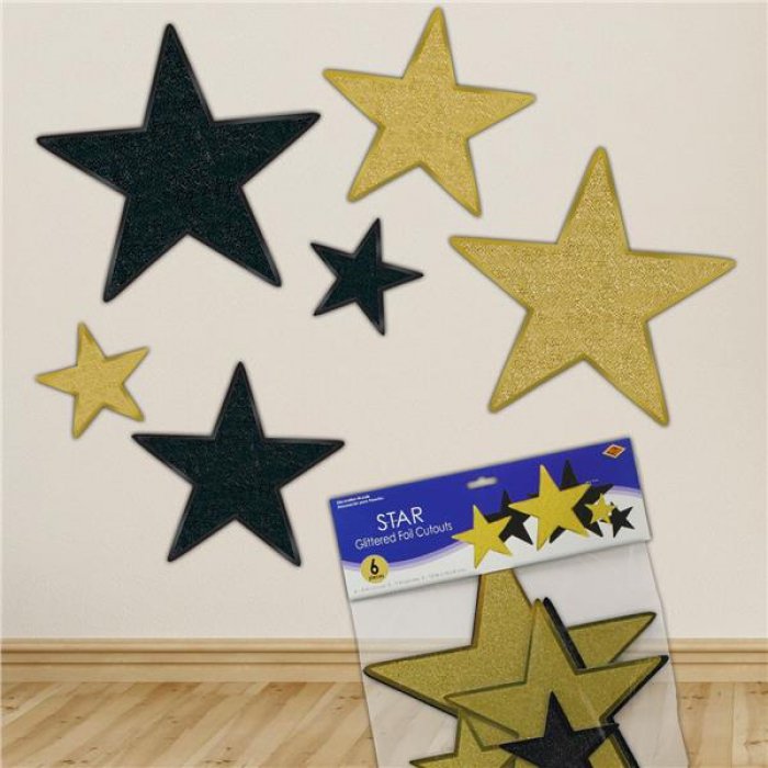 Black & Gold Glitter Star Cutouts (Per 6 pack)