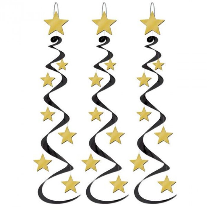 Black & Gold Star Whirl Decorations (Per 3 pack)
