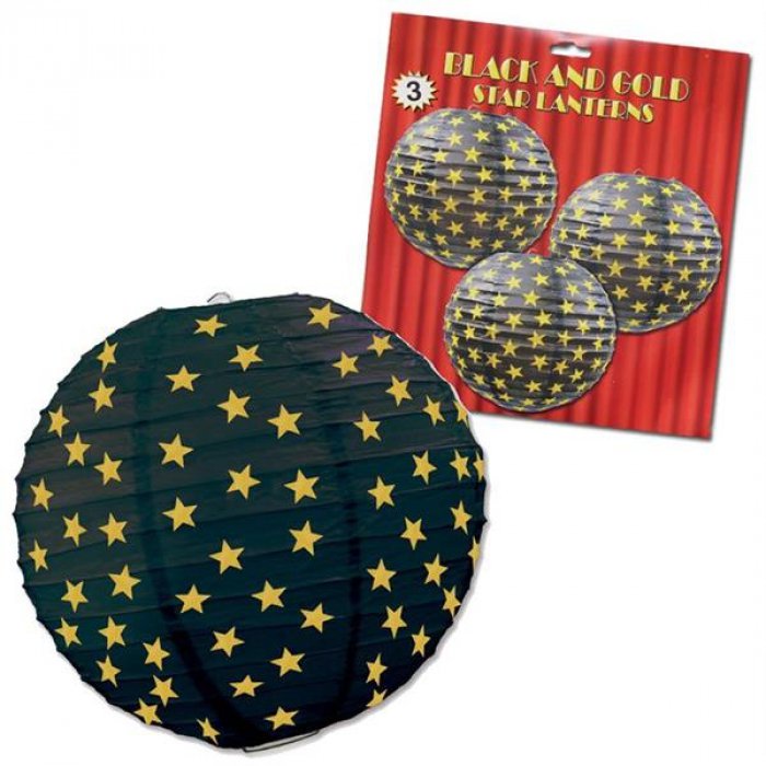 Black & Gold Star Lanterns (Per 3 pack)