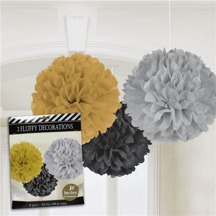 Silver, Black and Gold Fluffy Decorations (Per 3 pack)