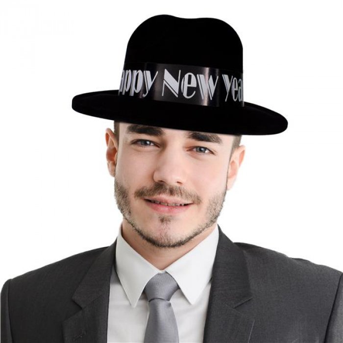 New Year Black Velour Gangster Fedora Hat