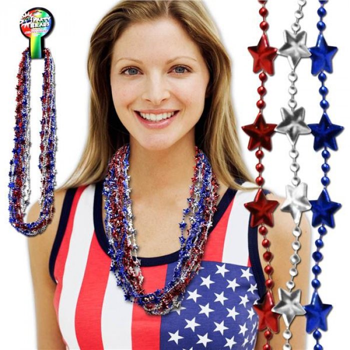 Red, White & Blue Star Bead 33"  Necklaces (Per 12 pack)