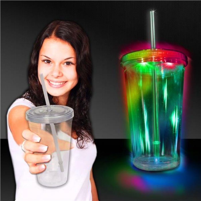 LED Light Up 16 Oz Crystal Tumbler With Lid And Straw 